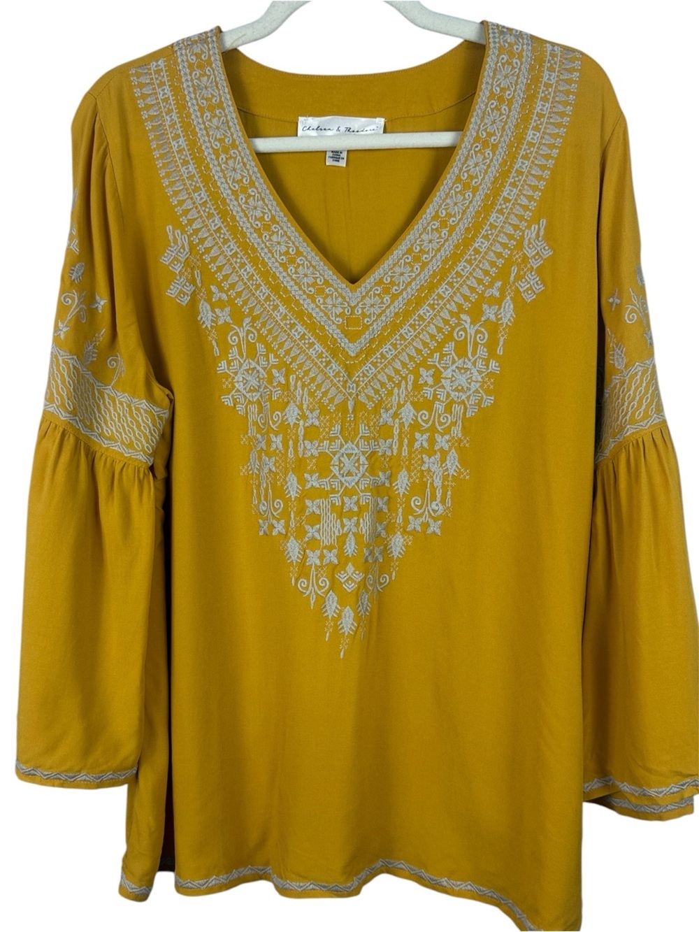 Chelsea & Theodore Mustard Yellow Embroidered Peasant Boho Blouse XL